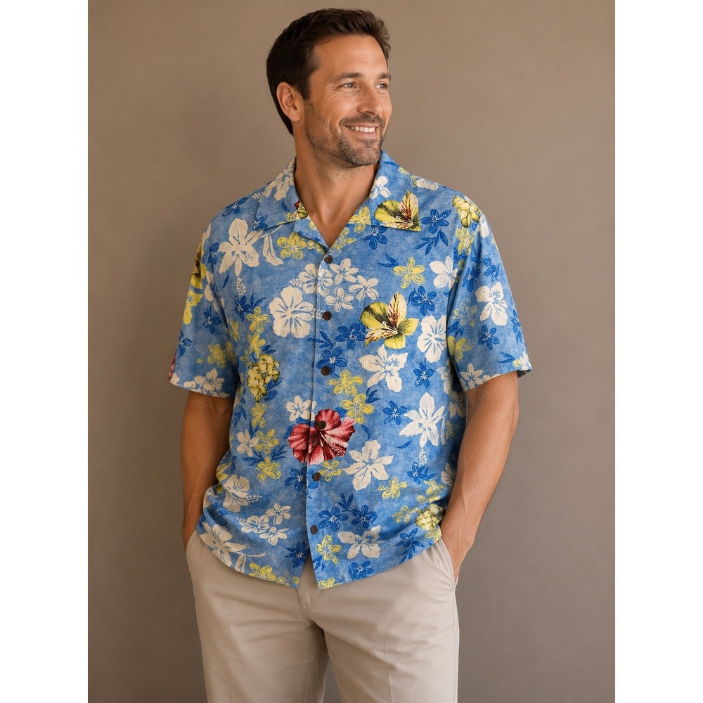 Cremieux Hawaiian Camp Shirt‎ Blue Floral Tropical Button Up Large